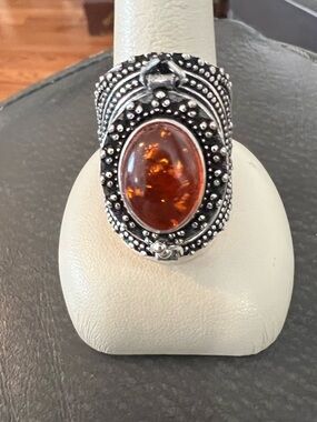 Sterling Silver Amber Poison Ring - Orange Amber Oval Cabochon Ring.